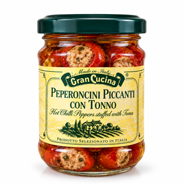 Raudonieji čili pipirai įdaryti tunu 180g