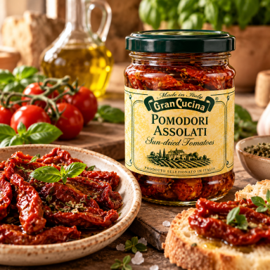 Saulėje pusiau džiovinti pomidorai alyvuogių aliejuje 180g